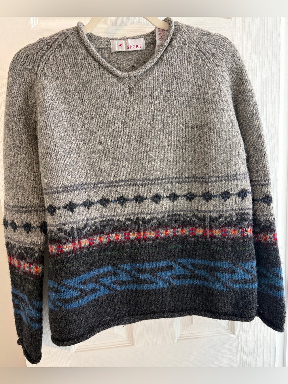 Vintage LT Sport 100% Shetland Wool Men's Gray Fair Isle Sweater S